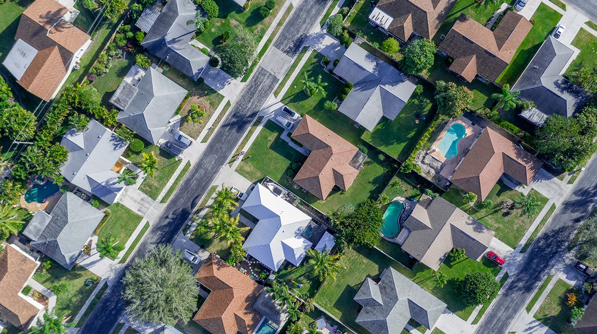 aerial view suburban green neighborhood