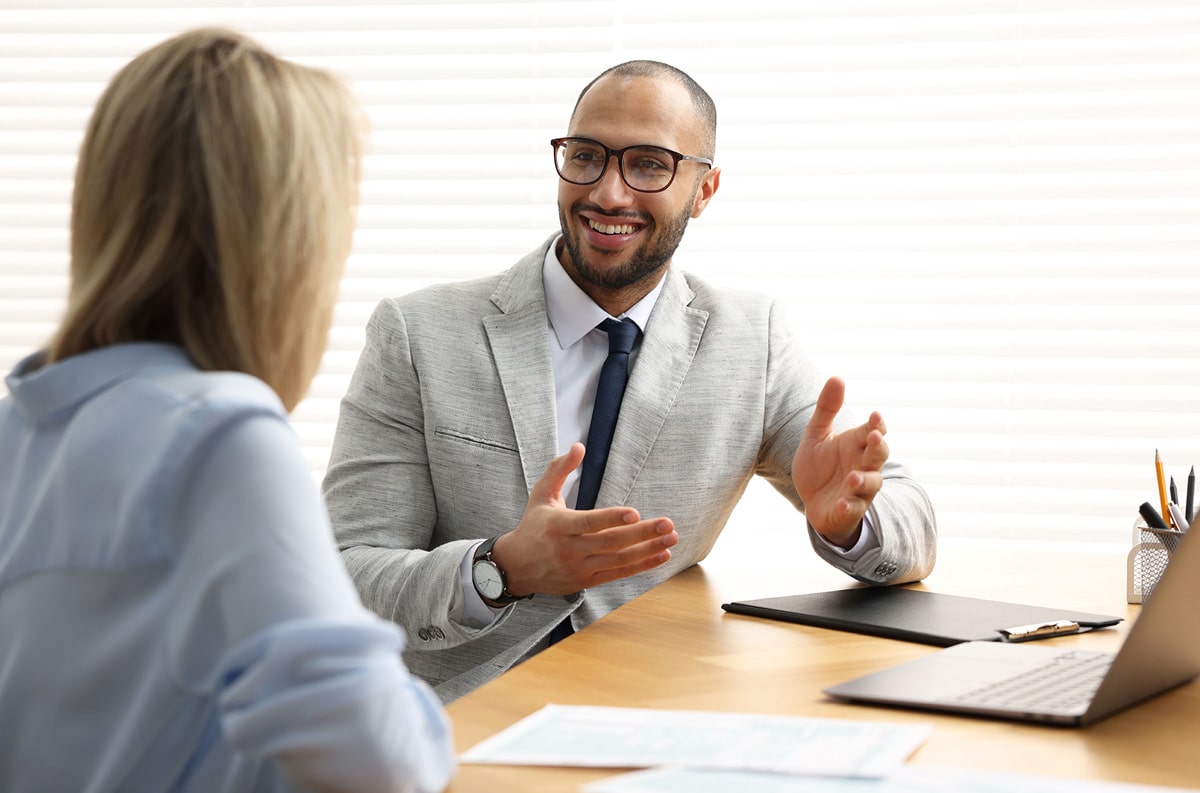 district manager talking client