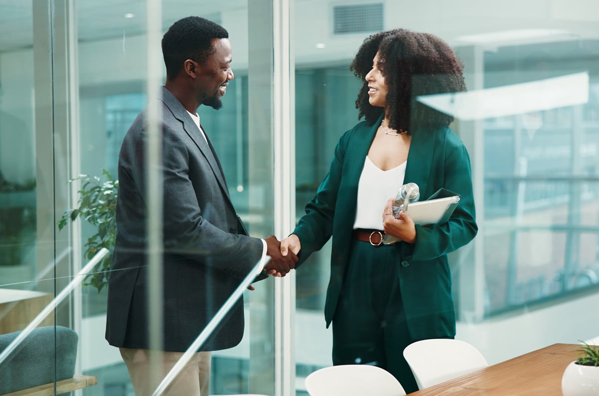 human resource manager talking to client