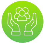 three person outline in between two cupped hands green icon