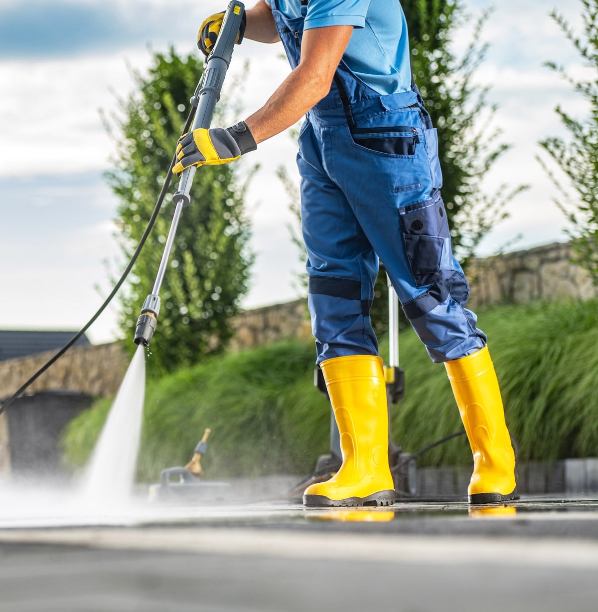 pressure washer worker pressure washing garage