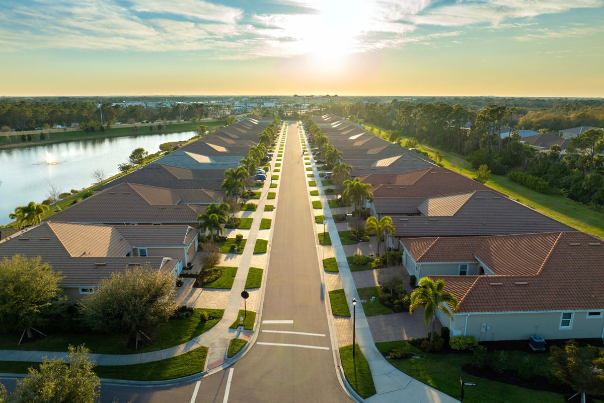 quiet florida neighborhood with sunset