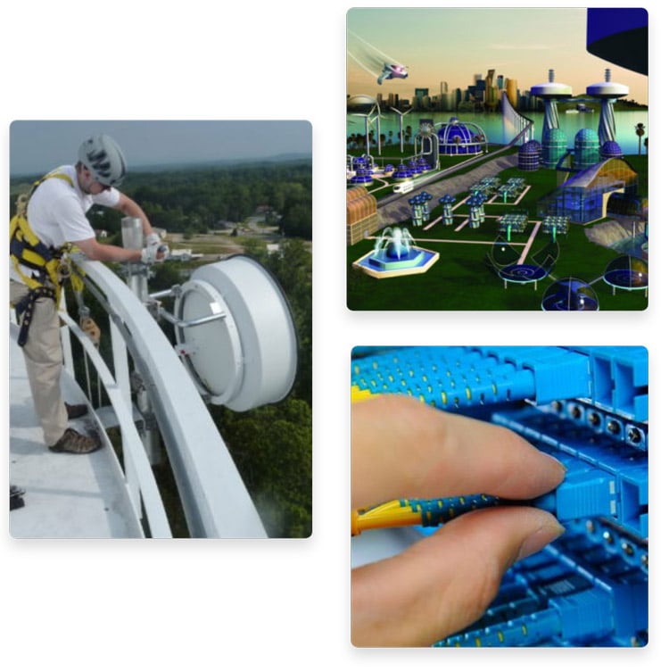 three image collage man fixing cell tower, futuristic city, system of ethernet cables