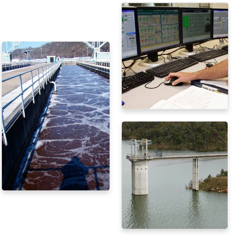 three image collage of water treatment, four computers monitoring systems, bridge in a lake